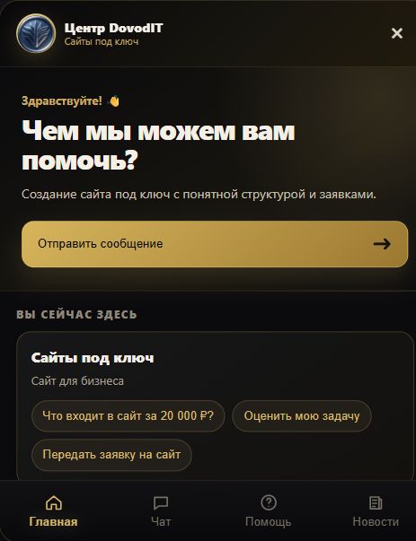 Чёрно-золотой Центр DovodIT с разделами Главная, Чат, Помощь и Новости